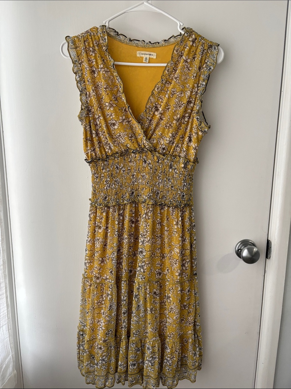 Max Studio Mustard Floral Smocked V-Neck Midi Dress